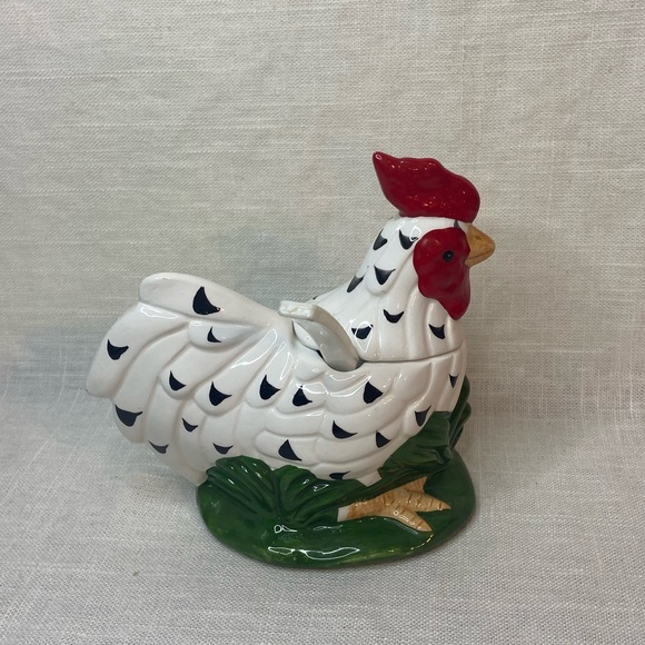 Country Style Rooster Ceramic Condiment Jar with Spoon 4”x5” - Picture 2 of 7